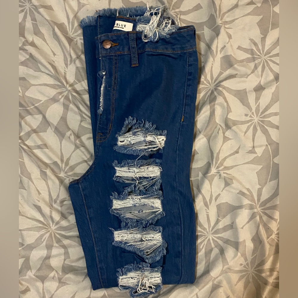 Dark denim lightweight distressed skinny jeans